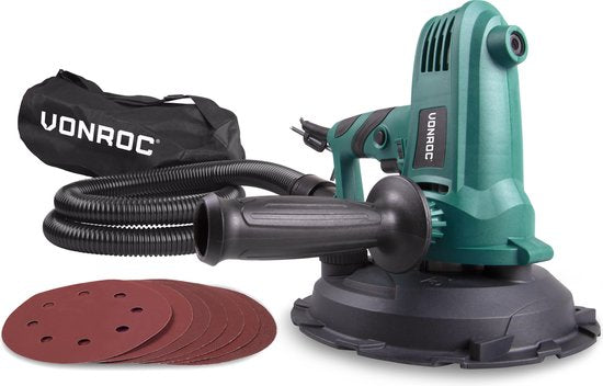 VONROC Ponceuse - 750W - Ø180MM - Plafond et mur - Tuyau et sac de collecte de poussière inclus