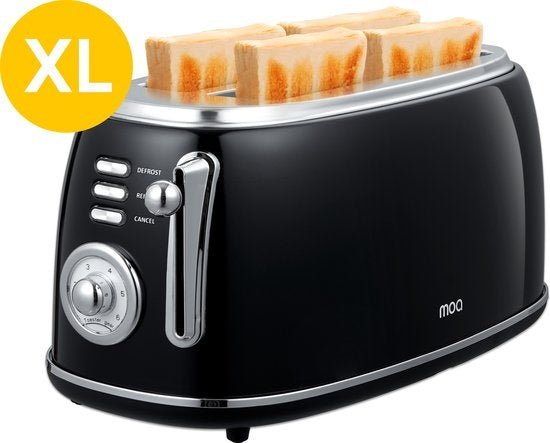 MOA Retro Toaster XL - 6 niveaux de chaleur - 4 sandwichs simultanés - 1500W - Fonction de réchauffage et de décongélation - Noir - T5B