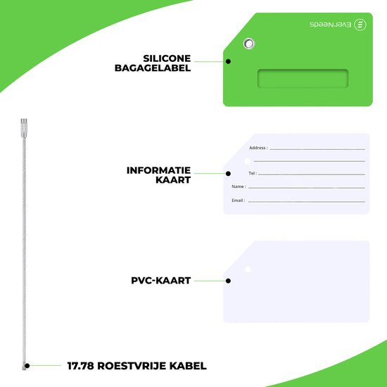 EverNeeds Etiquette de bagage - Silicone - Etiquette de bagage pour valises - Etiquettes de bagage - Vert - 5 pièces