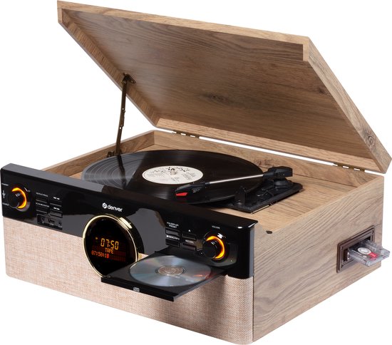 Platine vinyle rétro - Denver - Radio - CD - Cassette - Bluetooth - Auto stop - MRD180 - Bois