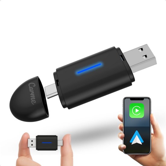CarMe Mini 2-en-1 pour CarPlay - USB-A et USB-C - CarPlay et Android Auto sans fil - Dongle Android Auto - Noir