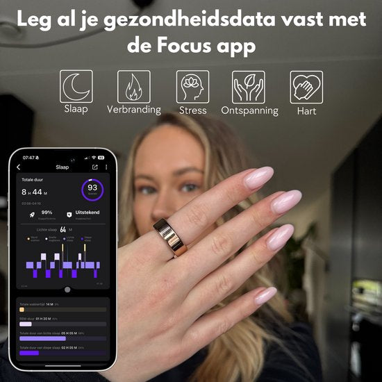Focus® S1 Smart Ring - Or - Taille 8 - Fréquence cardiaque - Cycle menstruel - Moniteur de sommeil - Anneau intelligent - Performance sportive - Podomètre - IP68 Waterproof - Mesure de l'O2 - Femmes - Hommes - Wearables - Étui de chargement - anneau de pr