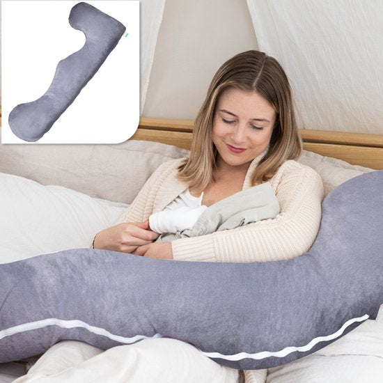 Oreiller de grossesse Litollo® XL - Oreiller d'allaitement - Oreiller de corps - Body pillow - 140 cm - Housse amovible - Gris - Polaire